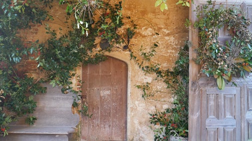 A collection of evergreen vines and branches in front of a beige wall and wooden door
